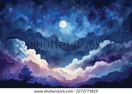 Vector background watercolor night sky with beautiful clouds