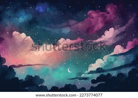 Vector background watercolor night sky with beautiful clouds