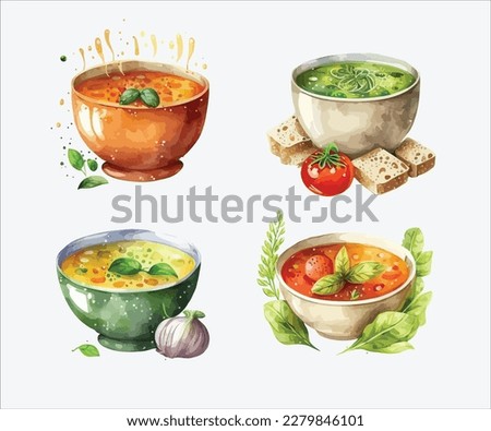 Watercolor collection of vegetable soup on white background