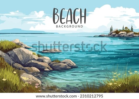 hand drawn painting of tropical summer beach with stones background