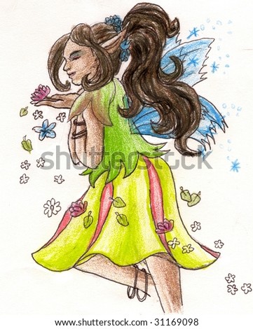 African Fairy with dark skin tones drawn with colored pencils.