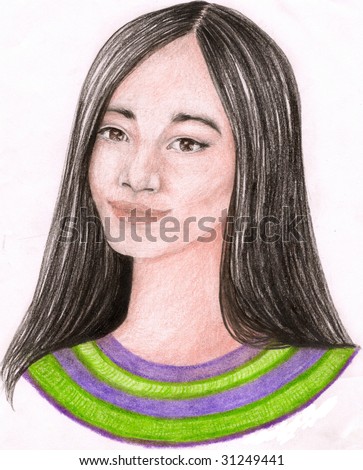 A colored pencil sketch of a pretty girl looking to one side with long black hair and wearing a striped shirt. Only her shoulders neck and head are visible.