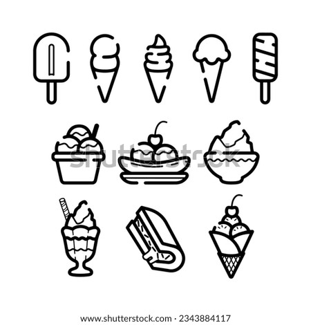 
set of Ice cream icon, doodle line art icon black and white cute ice cream doodle hand draw. ice cone, cherry, banana split, Parfait, sundays, shaved, patbingsoo, sandwich