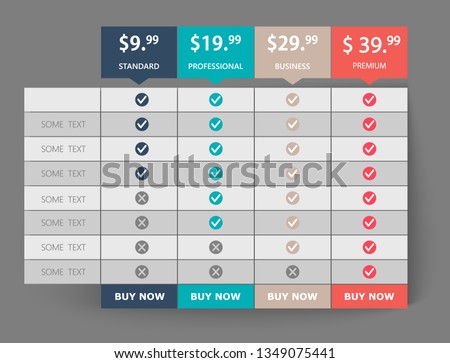 Creative business plans web comparison pricing table. Design modern banner list. Abstract concept graphic websites, applications element. Vector EPS10 illustration. Colorful 3d chart.