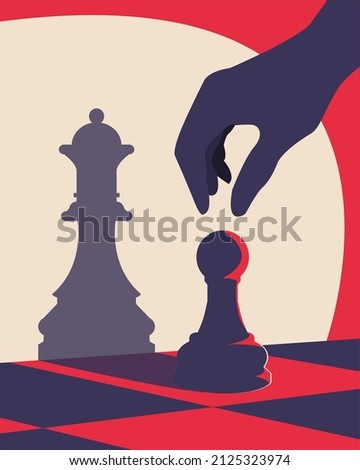 Banner Chess. Poster for chess tournament. A pawn becomes a Queen. Silhouette of chess pieces. Vector icons isolated on white background.