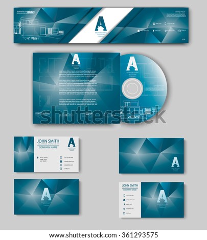 Business cards design with blueprint sketch for architectural company. Architectural background for architectural project, architectural brochure, technical project, architectural drawing CD with logo