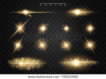 Set. Shining star, the sun particles and sparks with a highlight effect, color bokeh lights glitter and sequins. On a dark background transparent. Vector, EPS10 Imagine de stoc © 