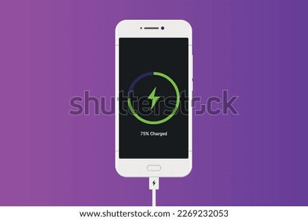 Smart phone charging isolated on white background. Top view charging progress lighting on screen smart phone.