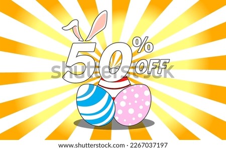 50 percent off. Banner with colorful easter eggs, bunny ears and background with yellow and orange gradient rays