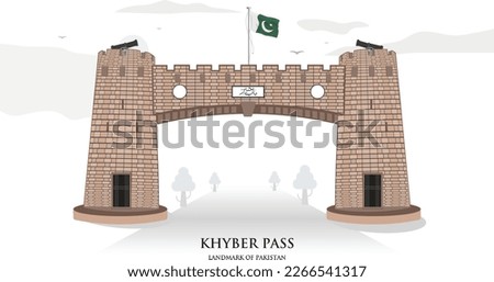 Khyber Pass Peshawar
Pakistan with a Pakistani flag on top , Text written
in Urdu font is “Bab-e-Khyber” means “The door of Khyber”