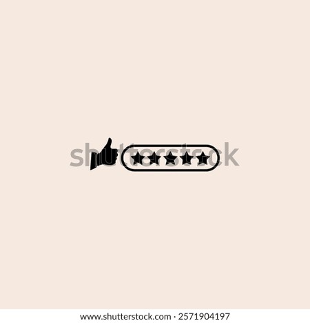 Thumb up pointing at positive five star feedback. Rating, evaluation, success, feedback, review, quality and management concept icon flat vector design.