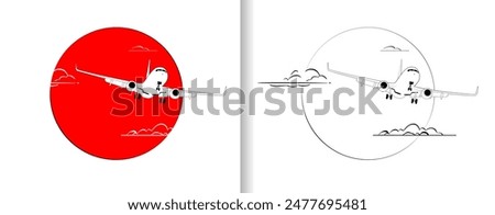 Airplane is flying against background of big red sun. Fly away on vacation. Freedom concept. Two versions: colored, black and white. Isolated. Perfect for design, tattoo.