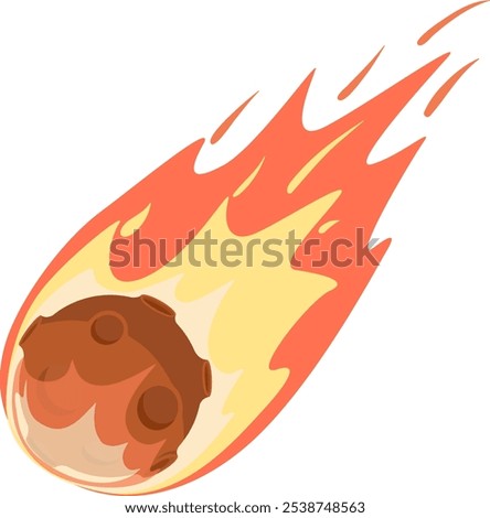 Burning meteorite falling through space with cratered surface, flames, and fiery trail. Minimalism, simple and colorful cartoon style. Design of flat, isolated icon, no background.