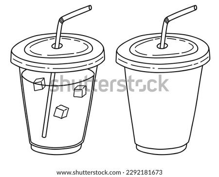 Black Outline Iced Coffee with Straw and ice cube in To-Go Cup Isolated on White