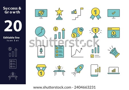 Success and Growth. Flat Color Filled Outline Icons Vector. for Website, Application, Printing, Document, Poster Design, etc. Editable Stroke, icon, achievement, analysis, banking, business man,	