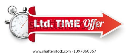 Long red arrow with a stopwatch and the text Ltd Time Offer on the white background. Eps 10 vector file.