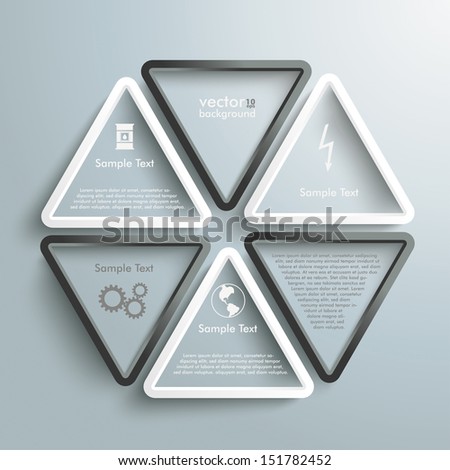 White and black triangles with white ring on the grey background. Eps 10 vector file.