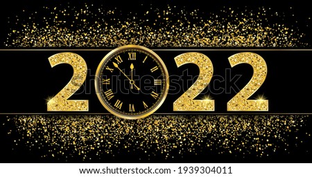 Black paper banner with golden sand, clock and text 2022.  Eps 10 vector file.