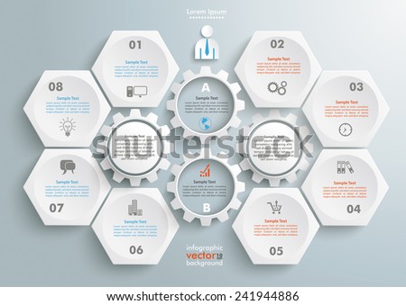 6 hexagons with 4 gear wheels on the gray background. Eps 10 vector file.