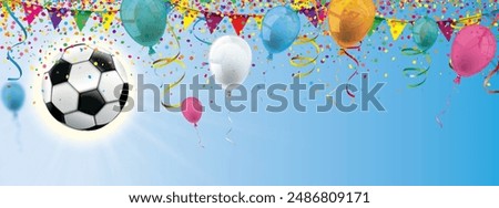 A classic football in the blue sky with confetti and colored balloons. Eps 10 vector file.