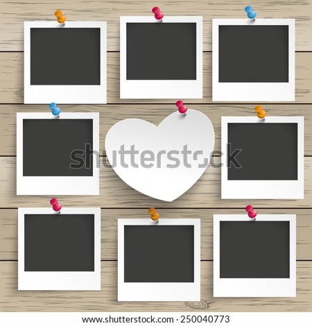 9 photo frames with white paper heart on the wooden background. Eps 10 vector file.