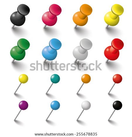Colored pins an tacks on the white background. Eps 10 vector file.