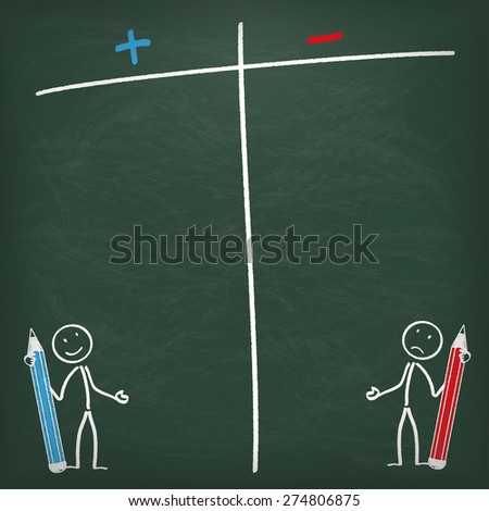 Stickmen with pencils and pro and contra list on the chalkboard.  Eps 10 vector file.