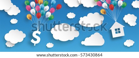 Paper clouds and hanging dollar and house  with colored balloons on the blue background. Eps 10 vector file.