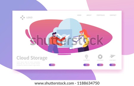 Cloud Storage Technology Landing Page Template. Data Center Hosting Website Layout with Flat People Characters. Easy to Edit and Customize Mobile Web Site. Vector illustration