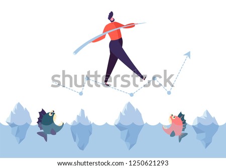 Business challenge concept. Businessman character walking on arrow above ocean with sharks. Financial risks. Vector illustration