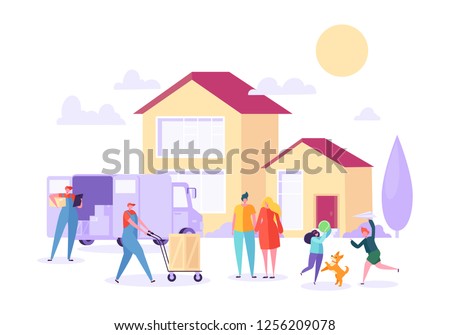 Home Move with Removal Porter Help. Happy Family Moving to new Home using Courier Service. Transportation Heavy Cargo. Flat Cartoon Vector Illustration