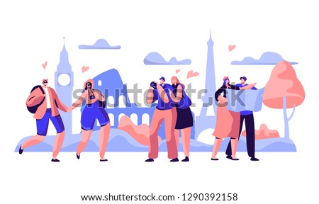 People Group Travel Take Photo Europe Sight. Happy Man Character in Vacation with Backpack, Camera and Map. Hipster Hiking Tourism on Urban Background Concept Flat Cartoon Vector Illustration