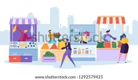 Fresh Food Market Stand. Organic Local Farm Store. Man Customer Character Buy Grocery and Fish in Small Eco Shop. Healthy Goods Supermarket Shelf Concept Flat Cartoon Vector Illustration