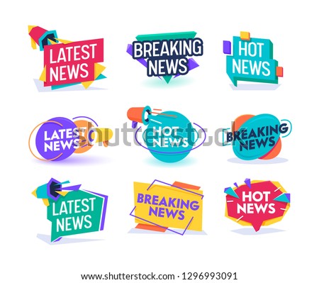 Hot Latest News Daily Update Badge Template Set. Important Breaking Report Label Geometric Design. Online Magazine Typography Message Information Sticker Sign Flat Vector Illustration