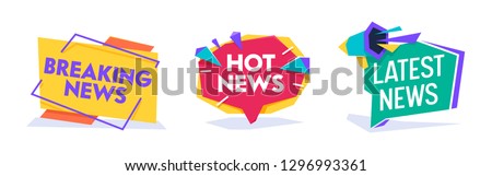 Hot News World Breaking Reportage Typography Banner Template Set. Newsletter Badge for Communication Media Headline. Information Message Announce Circle Poster Flat Cartoon Vector Illustration