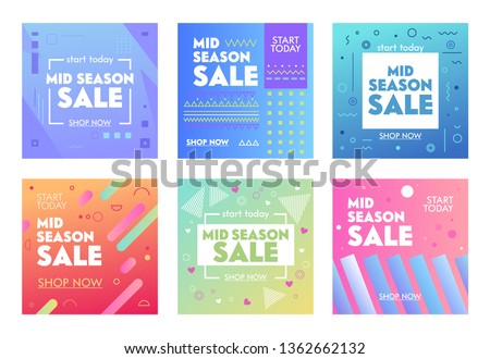 Set of Colorful Banners with Abstract Geometric Pattern for Mid Season Sale. Promo Post Design Templates for Social Media Digital Marketing. Flyers for Influencer Brand Promotion. Vector Illustration
