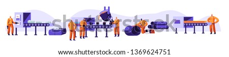 Metallurgy Industry Set. Resource Mining, Smelting of Metal in Big Foundry, Hot Steel Pouring in Steel Plant. Factory Workshop. Steel Workers in Metallurgy Process. Cartoon Flat Vector Illustration 商業照片 © 
