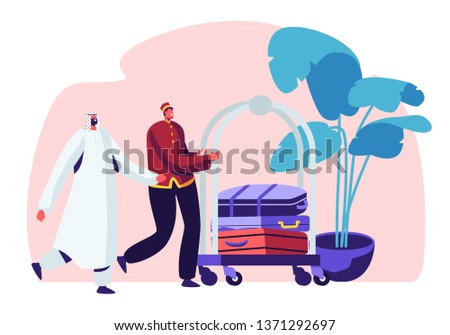 Hotel Stuff Meeting Arabic Guest in Hall Carrying Luggage by Cart. Muslim Businessman Stay in Guesthouse for Vacation or Business Trip Appointment and Reservation Room Cartoon Flat Vector Illustration