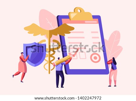 People Fill Health Form Insurance Policy Document. Woman Holding Protective Shield. Caduceus Symbol. Signing Insurance for Health Medical Protection for Life Guarantee Cartoon Flat Vector Illustration