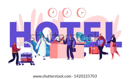 People in Hotel Concept. Reception, Lobby Interior with Stuff Meeting Arabic and European Guests. Characters Arriving to Hotel Poster, Banner, Flyer, Brochure. Cartoon Flat Vector Illustration