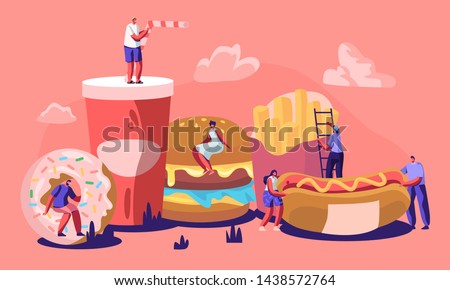 Tiny Male and Female Characters Interacting with Fastfood. Huge Burger, Hot Dog with Mustard, French Fries, Donut, Soda Drink. People Eating Street Fast Food Cafe Meal Cartoon Flat Vector Illustration