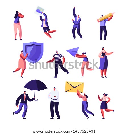 Property, Health Medical, Pr, Social Media Networking Service Set. Male and Female Characters Holding Shield, Umbrella, Paper Airplane, Photo and Envelope. Cartoon Flat Vector Illustration