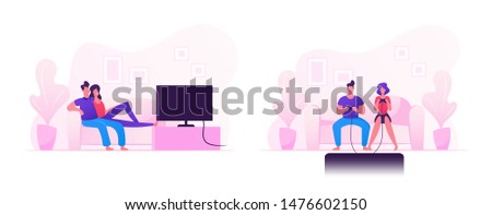 Young Family Couple Sitting on Sofa Playing Computer Games on Gaming Console and Watching Tv Set. Home Leisure Spare Time, Virtual Reality. People Spending Free Time Cartoon Flat Vector Illustration