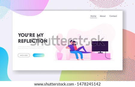 Young Loving Couple Watching TV at Home Website Landing Page. Male and Female Characters Sitting on Couch Spending Time in Weekend Evening Day Off Web Page Banner. Cartoon Flat Vector Illustration