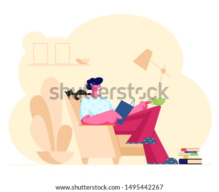 Reading Books Hobby. Young Man Sitting on Cozy Armchair at Home Read Interesting Book with Cat Sleeping beside. Deep Immersion to Fantasy World, Male Character Reader. Cartoon Flat Vector Illustration