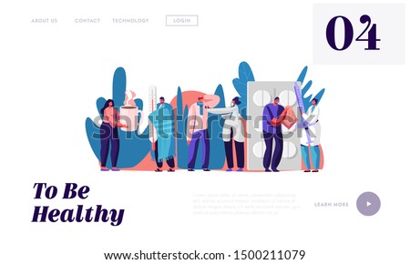 Patients Visiting Clinic or Hospital Website Landing Page. Sick People at Doctor Appointment. Illness and Health Care Concept. Medicine Treatment Web Page Banner. Cartoon Flat Vector Illustration