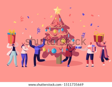 New Year Bash. Happy People Celebrating Party Having Fun and Dancing at Decorated Christmas Tree with Garland and Confetti, Giving Gifts on Family or Corporate Event Cartoon Flat Vector Illustration