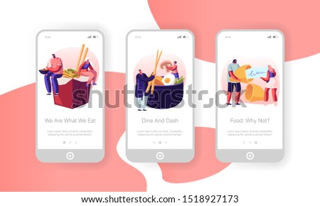 Asian Food Mobile App Page Onboard Screen Set. Tiny Male and Female Characters Eating Noodles in Box, Vegetables and Wish Cookie, Meal Concept for Website or Web Page. Cartoon Flat Vector Illustration