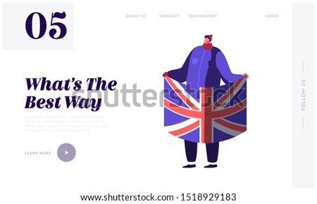 United Kingdom Politics and Brexit Concept for Website Landing Page. Young Man Supporter of Britain Decision to Leave European Union Holding Uk Flag Web Page Banner. Cartoon Flat Vector Illustration