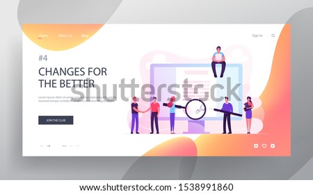 Business People Checking and Signing Contract Website Landing Page. Characters Make Deal Agreement, Shaking Hand at Huge Pc Screen for Signature Web Page Banner. Cartoon Flat Vector Illustration